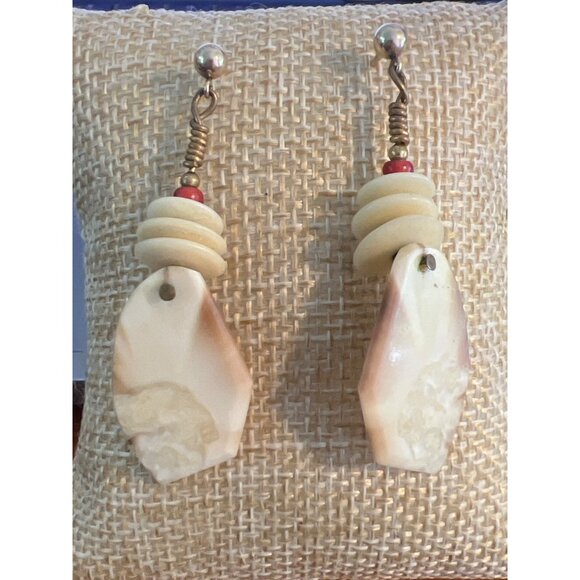 Vintage 14kt GF Dangle Earrings Tagua Nut Cream Natural Pierced Estate 2" 5.12g - Picture 1 of 7
